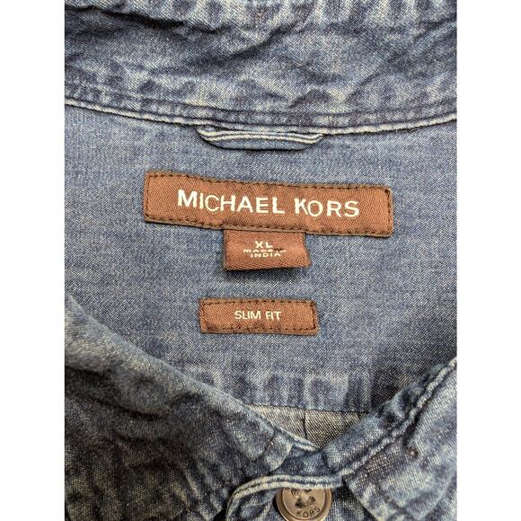 Michael Kors Mens Slim Fit Denim Button Down Shirt - XL Short Sleeve Jean - Picture 2 of 7